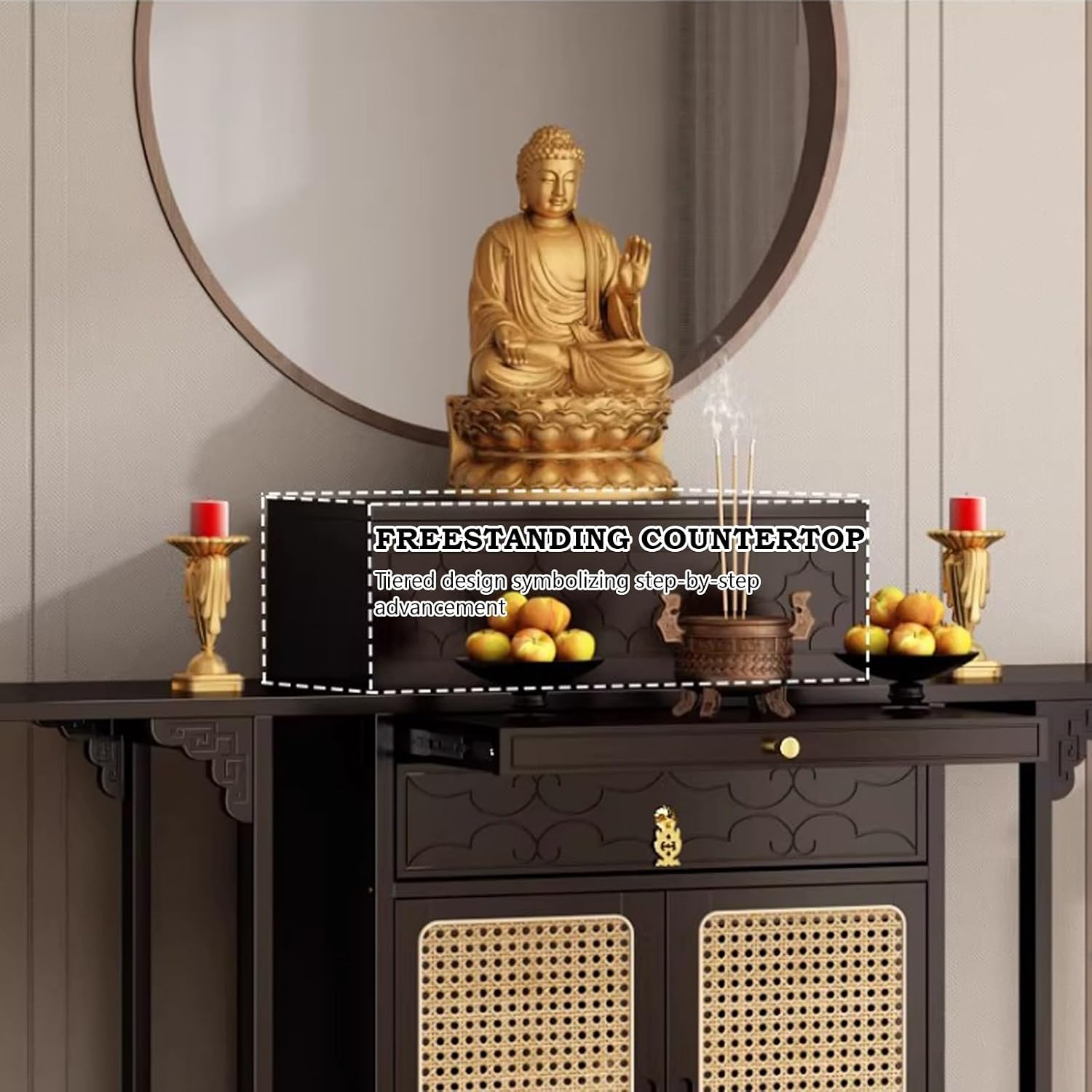 Chinese Shrine Altar Table with Storage, Bamboo Buddha Buddhist Altar Cabinet, Offering Meditation Table with Plastic Rattan Door, for Living Room, Temples(Black,100cm/39.3in)