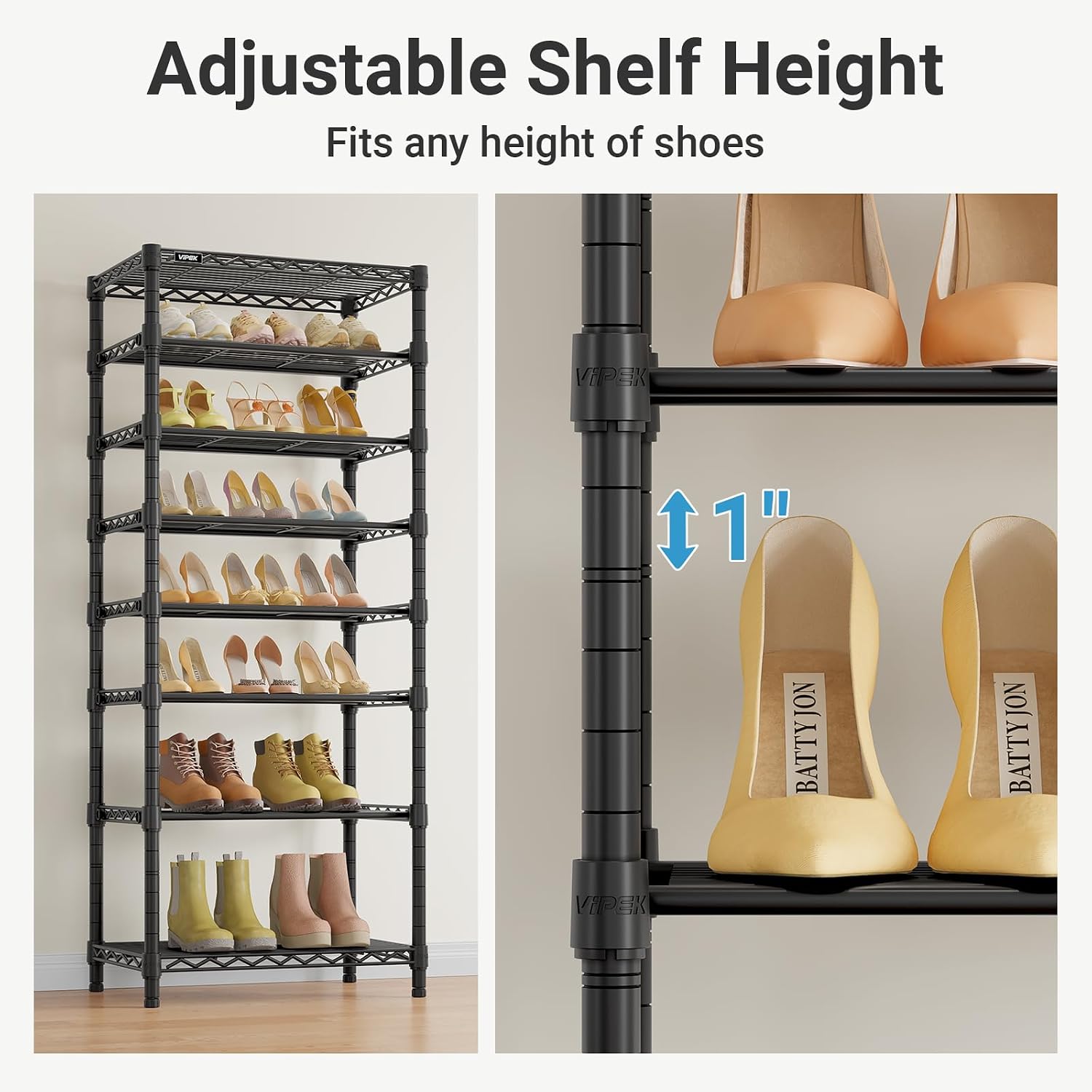 VIPEK S1 Shoe Rack, 8-Tier Metal Durable Shoe Organizer, Heavy Duty Large Capacity Up to 24 Pairs, Adjustable & Detachable Shoe Shelves for Entryway/Bedroom/Closet, Holds Up to 544 lbs, Black