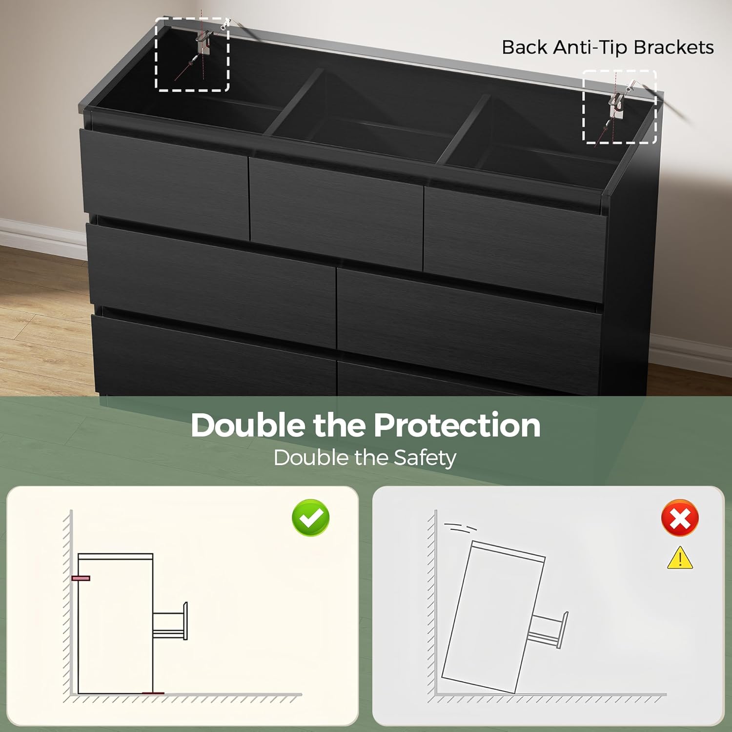 Black 7 Drawer Dresser for Bedroom,Modern Wood Chest of Drawers,Closet Clothes Storage Organizer with Deep Drawers for Living Room Hallway Entryway,Nursery (15.3" D x 47.2" W x 32.3" H)