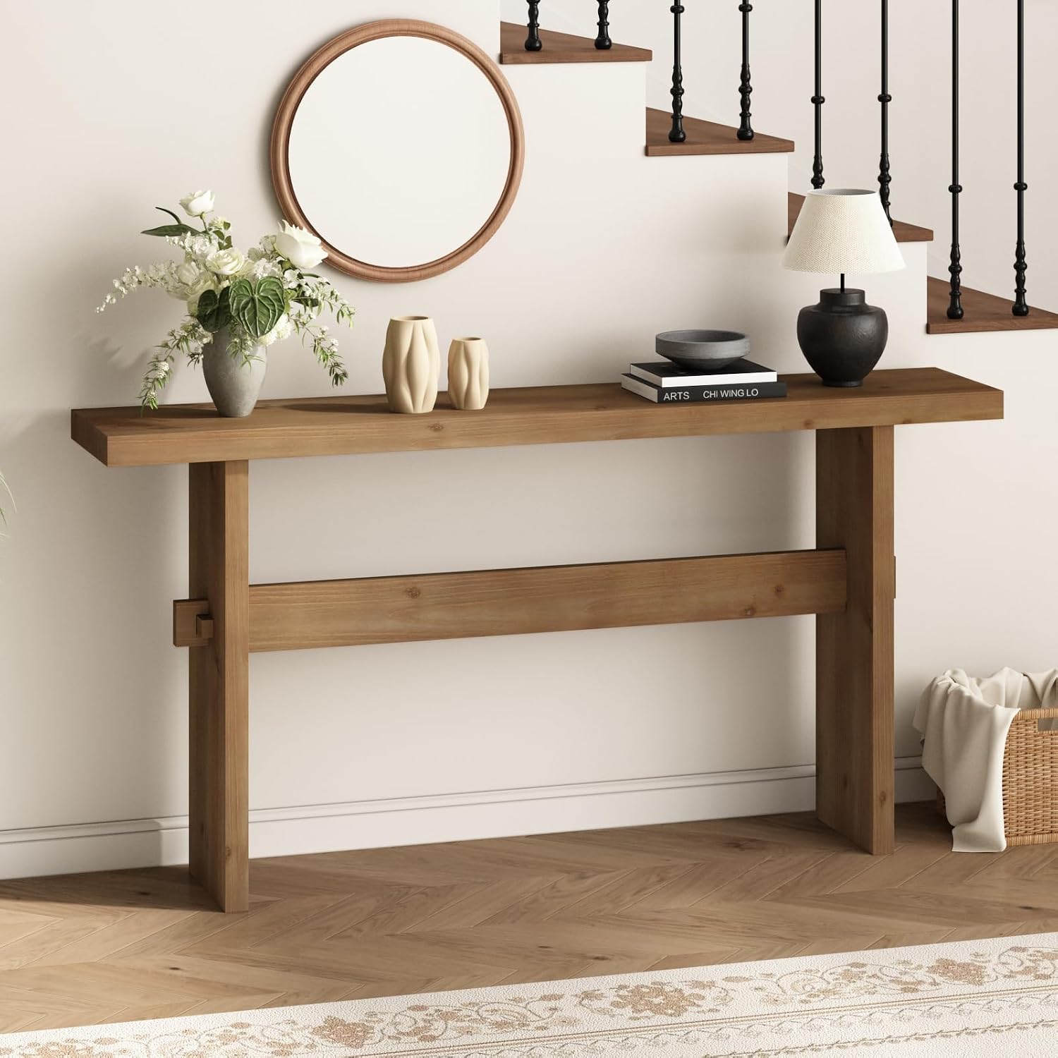 Solid Wood Console Table, 63" Farmhouse Entryway Table with Sturdy Mortise and Tenon Joints, Rustic Sofa Table for Hallway, Behind Couch, Foyer, 15 Mins Easy Assembly