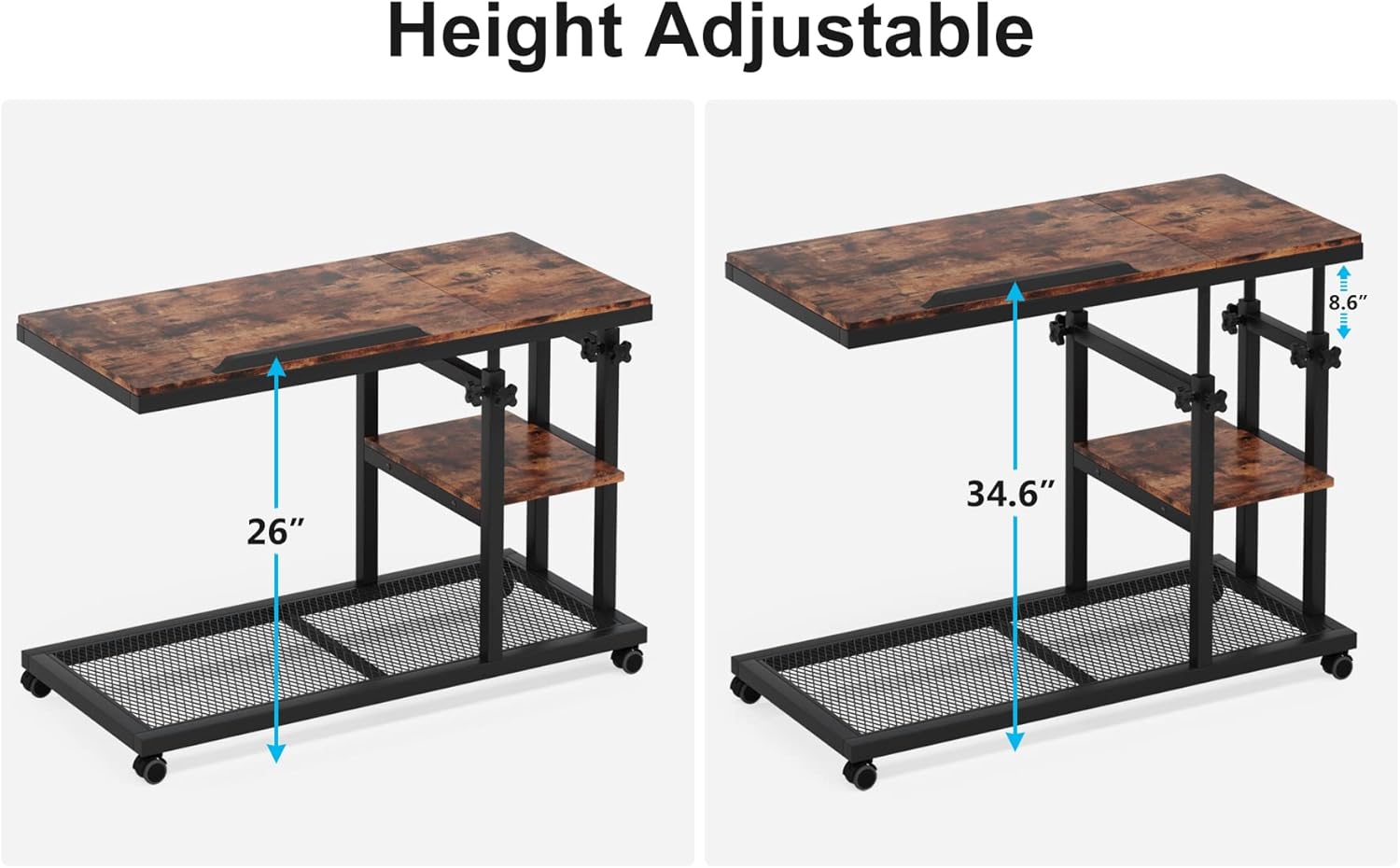 Tribesigns Adjustable Height Rolling C-Table, Mobile Side Table with Tiltable Top & Double Shelves, Vintage Brown C-Shaped End Table for Sofa, Bed, Living Room