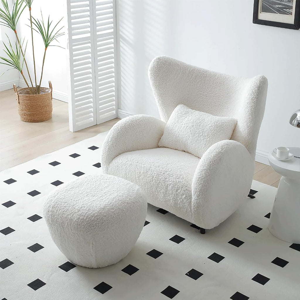 Oversized Modern Boucle Accent Chair with Ottomans, Furry Sherpa Elegant Single Sofa, Wingback Chair Living Room Chairs Comfy Upholstered Armchair for Bedroom Office Apartment Balcony,Cream White