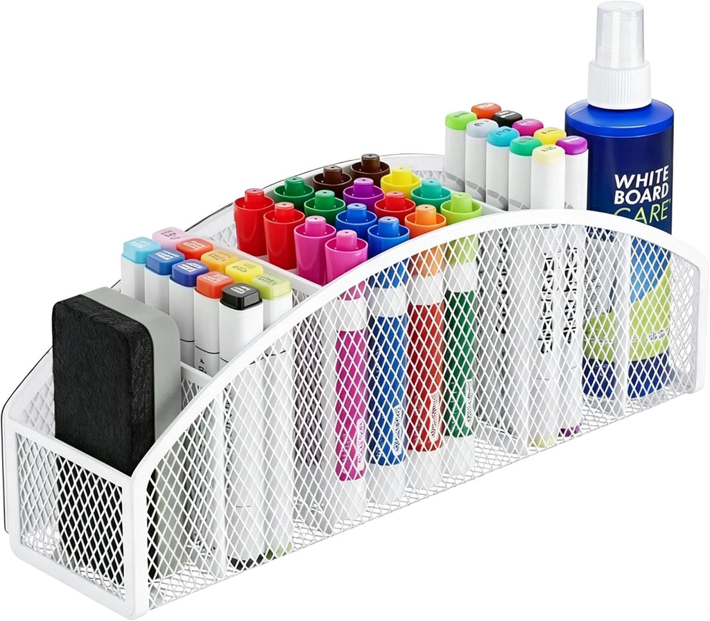 Magnetic Dry Erase Marker Holder for Whiteboard, 10 inch Large Capacity Whiteboard Marker and Spray Holder, 5 Slots Magnetic Fridge Organizer for Office, Classroom, Home (White)