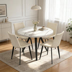 34.6" Round Dining Table Set for 4, Modern Kitchen Coffee Table Set with 4 Upholstered Leather Chairs, MDF Small Space Saving Dining Room Table and Chairs Set (White Table+4 Beige Chairs)