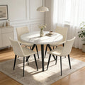 34.6" Round Dining Table Set for 4, Modern Kitchen Coffee Table Set with 4 Upholstered Leather Chairs, MDF Small Space Saving Dining Room Table and Chairs Set (White Table+4 Beige Chairs)
