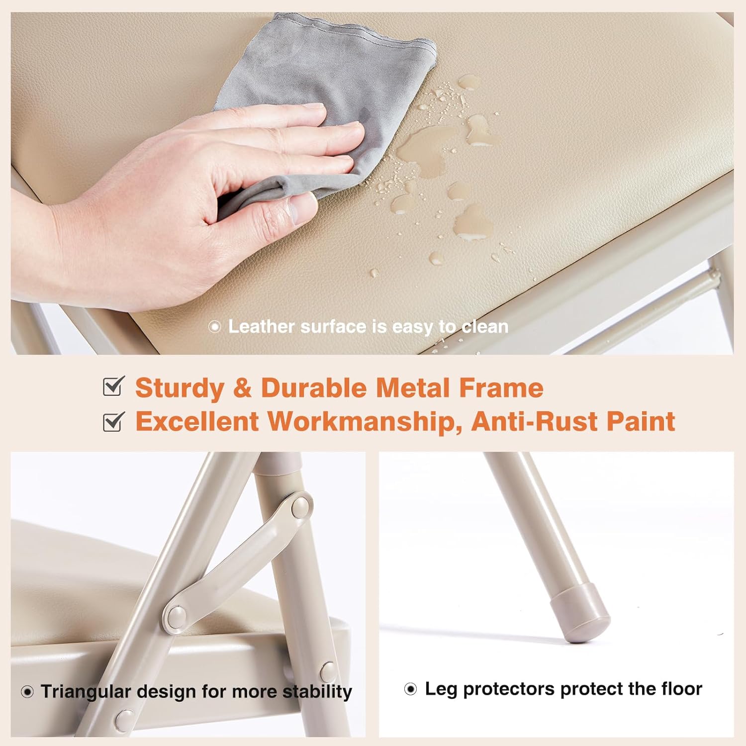 Sweetcrispy Folding Chair 4 Pack, Leather Padded Foldable Chairs, Sturdy Metal Portable Chairs, Easy to Use and Store, Outdoor and Indoor, for Home, Office, Party, Garden, Kahki