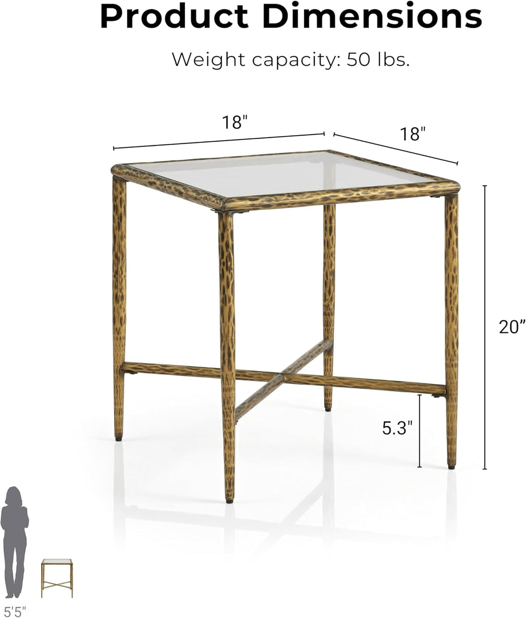 24/7 Shop at Home Lalia Modern Metal 18-inch Square Side Table with Forged Metal Base, Tempered Glass Top, Matte Gold