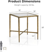 24/7 Shop at Home Lalia Modern Metal 18-inch Square Side Table with Forged Metal Base, Tempered Glass Top, Matte Gold