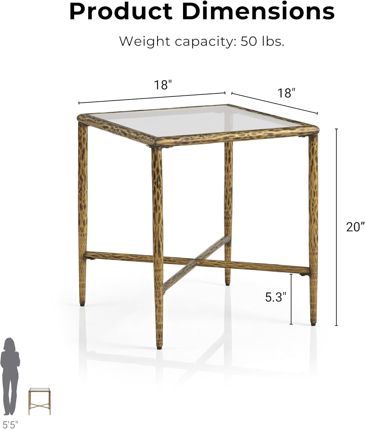 24/7 Shop at Home Lalia Modern Metal 18-inch Square Side Table with Forged Metal Base, Tempered Glass Top, Matte Gold