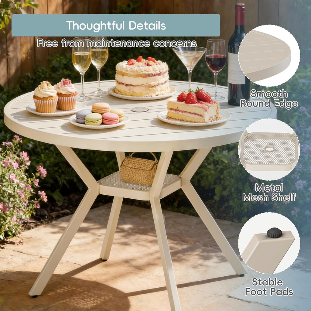 42" Outdoor Patio Table Dining Table All Weather Metal Round Patio Dining Table with Adjustable Umbrella Hole Patio Furniture for Lawn Garden Backyard, Sandshell