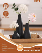 Decorative Flower Vase Set of 3 - Modern Boho Style Black Vases, Ribbed Textures Ceramic Vase for Home Decor Shelf Bookshelf Mantle TV Stand Entryway Console, Dining Table Centerpiece Decor
