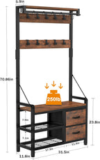 Lulive Hall Tree, 31.5” Entryway Bench with Coat Rack freestanding, 5 in 1 Intelligent Design Shoe Bench and Wall Rack 17 Hooks and Drawers (Rustic Brown)