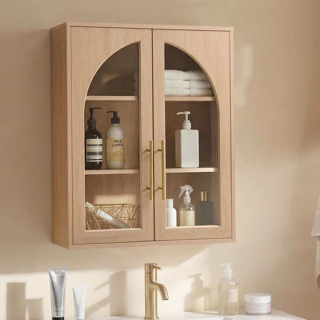 Bathroom Wall Cabinet, 23.5×31.4'' Storage Cabinet, Arched Cabinet Wall Mount with Adjustable Shelf & Glass Doors, Medicine Cabinet for Laundry Room, Bathroom, Kitchen, Living Room,Natural Oak