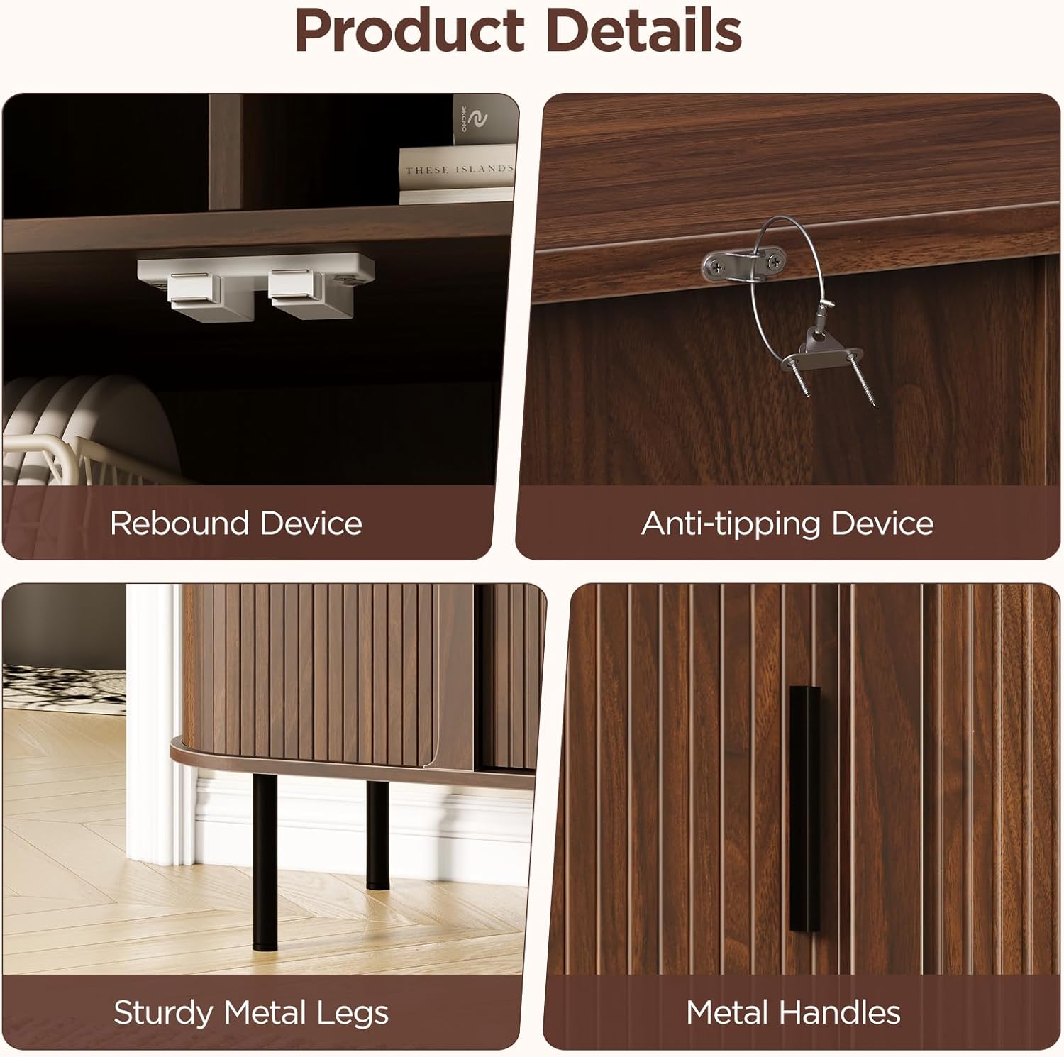 55'' Fluted Cabinet with Storage, Walnut Buffet Cabinet Sideboard with Sliding Door & Adjustable Shelves, Mid Century Coffee Bar, Curved Edge Design Storage Cabinet for Kitchen, Living Room, Entry