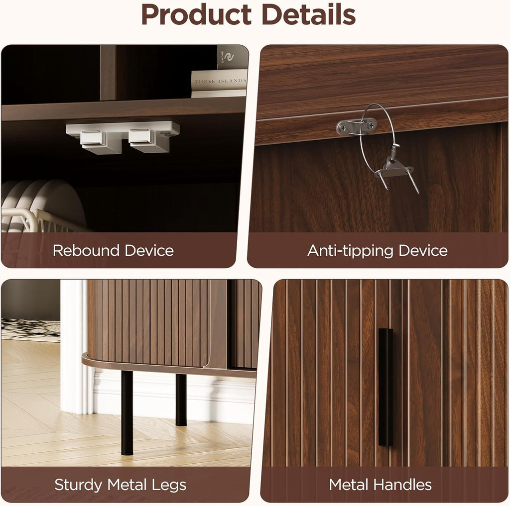 55'' Fluted Cabinet with Storage, Walnut Buffet Cabinet Sideboard with Sliding Door & Adjustable Shelves, Mid Century Coffee Bar, Curved Edge Design Storage Cabinet for Kitchen, Living Room, Entry