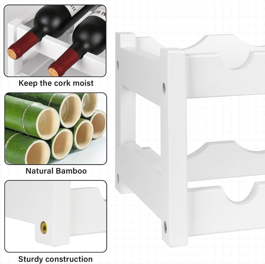 VASMIA Wine Rack, 2-Tier Bamboo Wine Racks Countertop Cabinet Wine Holder Wine Storage Shelf for Pantry Kitchen Bar, White