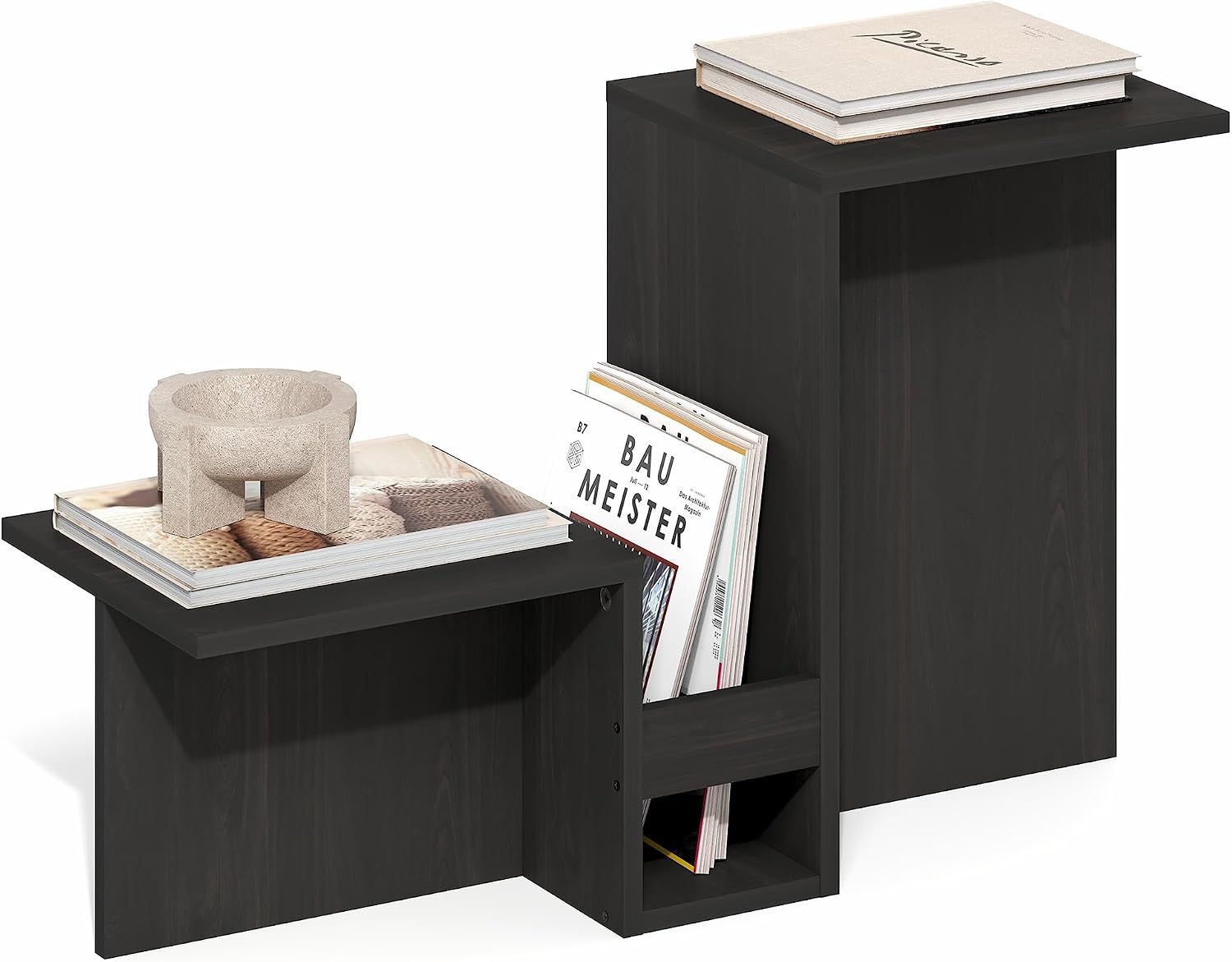 Furinno BOYATE Side Table, Valley Shaped End Table, with Tiered Levels and Magazine Rack, for Living Room, Espresso