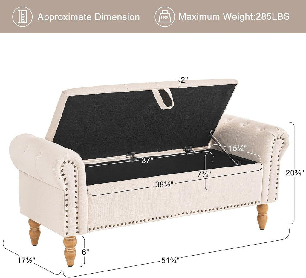 Furniliving 51” Storage Benches, End of Bed Bench with Button-Tufted Large Upholstered Storage Ottoman Linen Window Bench with Storage Shoe Cabinet Bench, for Bedroom, Entryway, Closet, Beige