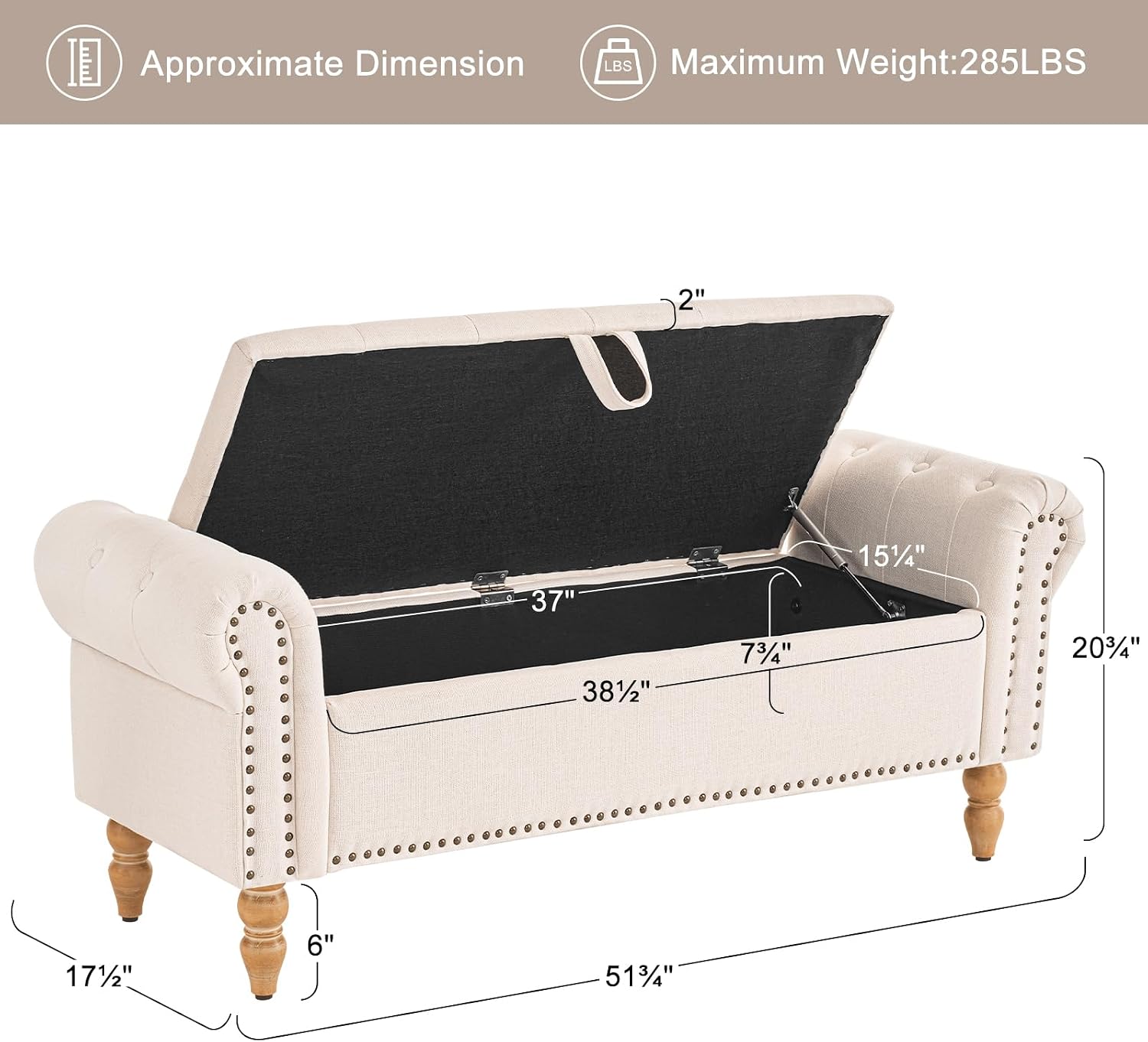 Furniliving 51” Storage Benches, End of Bed Bench with Button-Tufted Large Upholstered Storage Ottoman Linen Window Bench with Storage Shoe Cabinet Bench, for Bedroom, Entryway, Closet, Beige