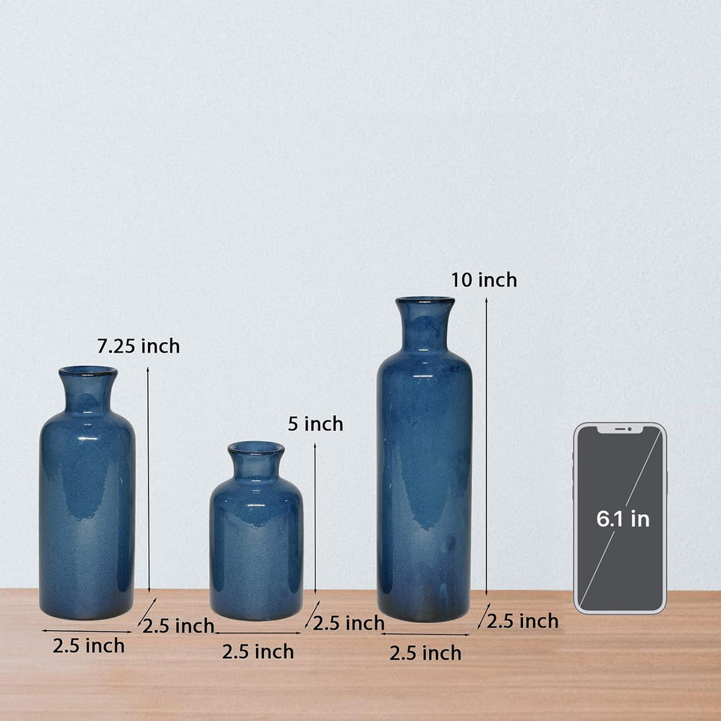 Ceramic Vase Set Home Decor - 3Pcs Modern Rustic Boho Geometric Blue Flowers Vase Decoration, Shelf Decor, Farmhouse Living Room Decoration, Decorative Gift Cynkeyee