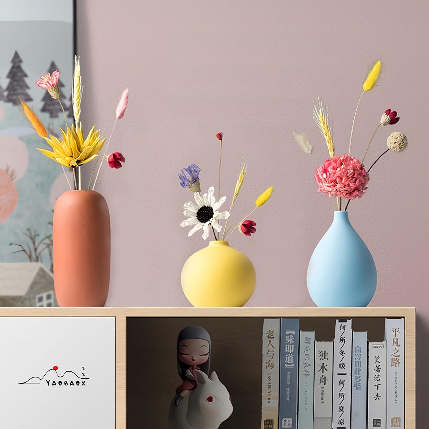 Small Multi Color Ceramic Vase Set of 3 Modern and Minimalist Decorative Frosted Orange Yellow Cerulean for Home Decor, Office, Shelf, Table, Bookshelf, Entryway, Coffee Table Decor