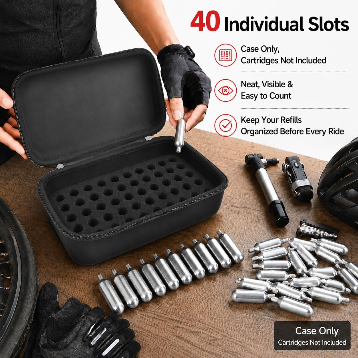 ALKOO CO2 N2O Cartridge Organizer Case Only, 40-Slot Holder for 8g/12g Refills, Fits for Crosman for Umarex for Daisy for Leland Style Cartridges, Hard Storage Box for Bike Inflators (40-Slot)