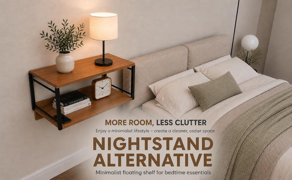 Wall Mounted Nightstand with Storage Shelf, Floating Bedside Table with Hooks, Space-Saving Modern Nightstand for Bedroom, Dorm Room, or Small Spaces
