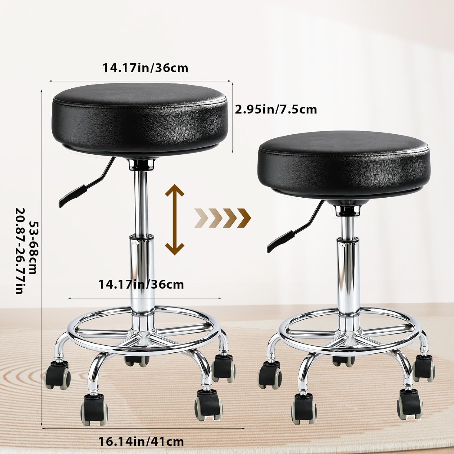 Rolling Stool with Wheels, Thick 7.5cm Cushion Professional Swivel Drafting Stool, Height Adjustable Heavy Duty 500 lb Stool with Silent Casters and Foot Ring for Salon Tattoo Clinic Home Office