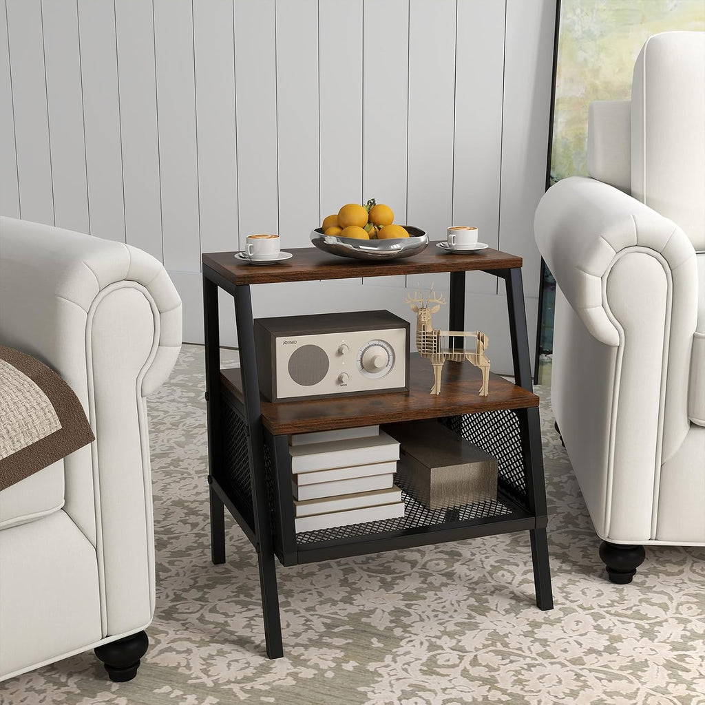 Giantex Industrial Nightstand, Modern End Table w/Open Shelves & Metal Mesh, 3-Tier Sofa Side Table w/Sturdy Trapezoidal Metal Frame, Night Stand for Bedroom, Small Spaces, Rustic Brown (1)