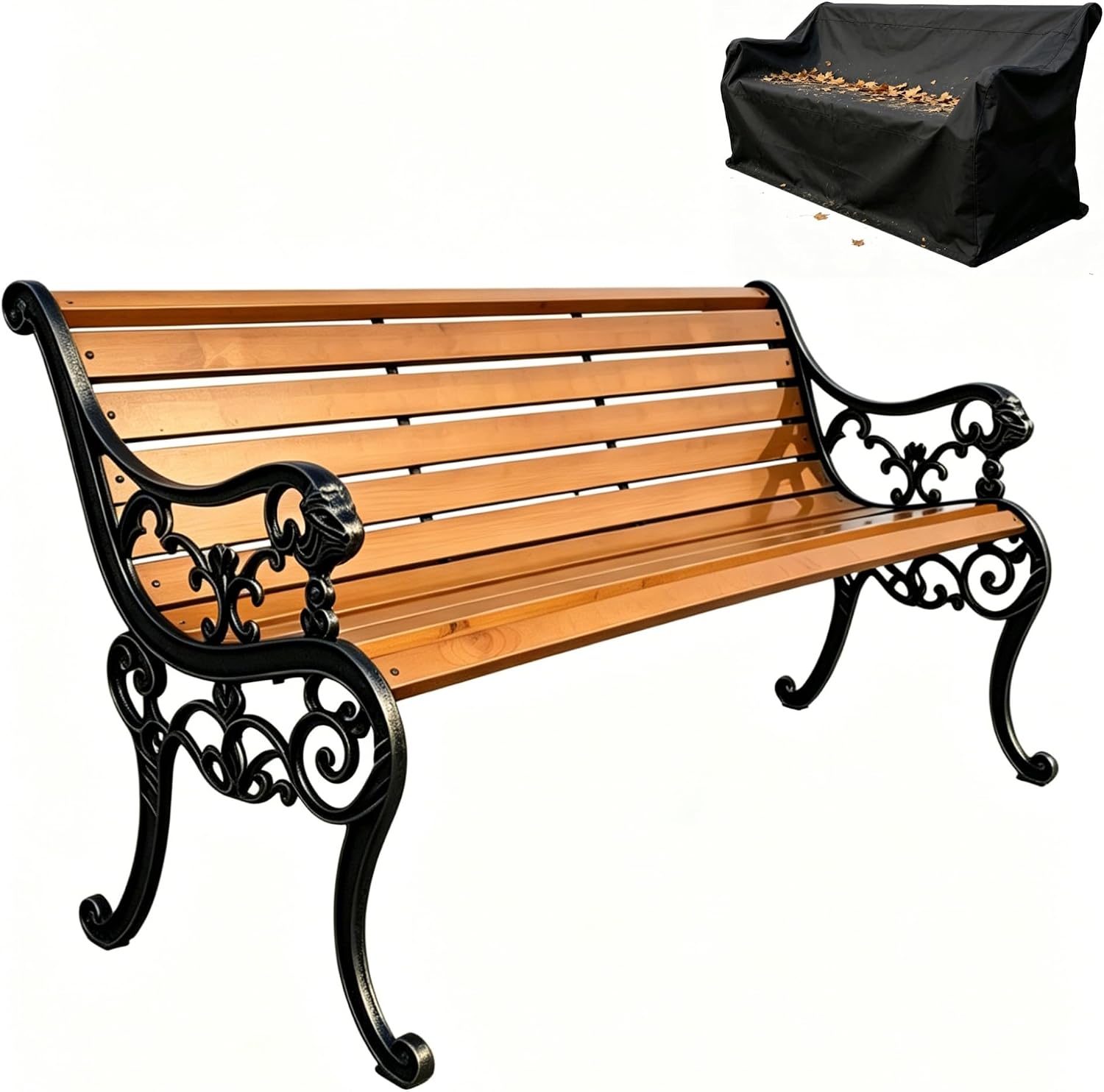 Outdoor Garden Bench, 59in Weatherproof Patio Bench with Cast Iron Backrest, Solid Wood Seat & Protective Cover, 570 LBS Capacity, Easy Assembly Park Bench for Yard/Deck/Porch(Black)