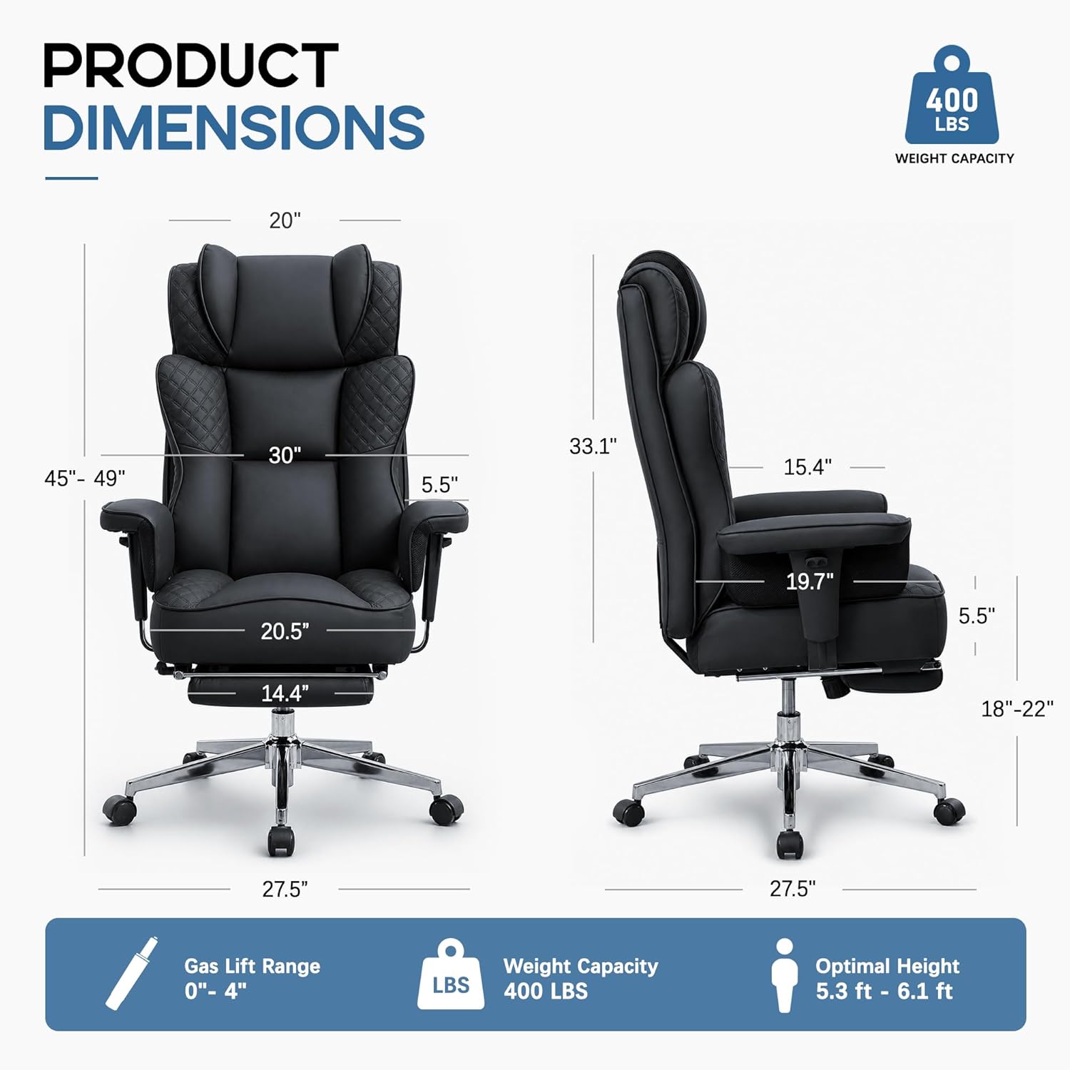 Office Desk Chair, High-Back Big and Tall Leather Chair with Footrest, Ergonomic Reclining Computer Chairs, Comfy Executive Wide Chair with Lumbar Support, Adjustable Padded Armrests, 400LBS (Black)