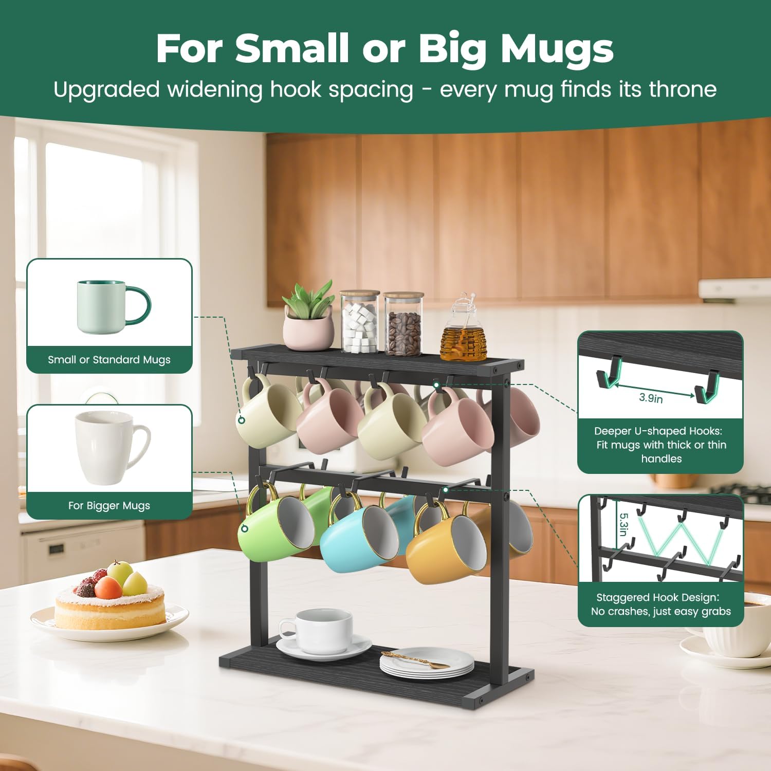 EsLuker.ly Coffee Mug Holder Cup Tree Rack for Countertop, 2 Tier Rustic Wood Coffee Bar Station Organizer Narrow Display Stand for Kitchen Office, Hold 14 Mugs with Sturdy Base, Free Up Counter Space