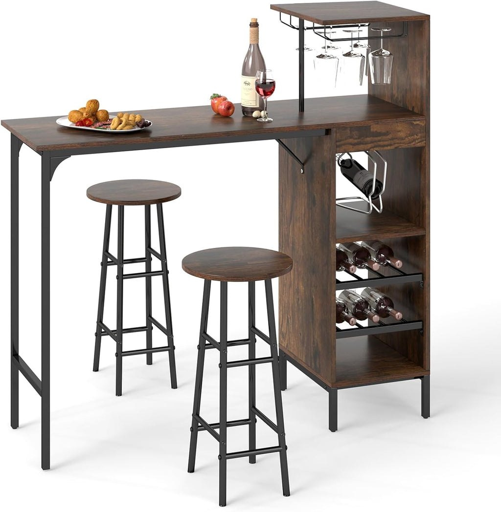 GOFLAME Bar Table Set for 2, Counter Height Dining Table Set with Shelves, Cup Holder & Wine Rack, Breakfast Table & Stools Set, 3-Piece Pub Table Set for Kitchen, Dining Room, Rustic Brown