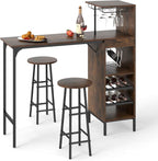 GOFLAME Bar Table Set for 2, Counter Height Dining Table Set with Shelves, Cup Holder & Wine Rack, Breakfast Table & Stools Set, 3-Piece Pub Table Set for Kitchen, Dining Room, Rustic Brown