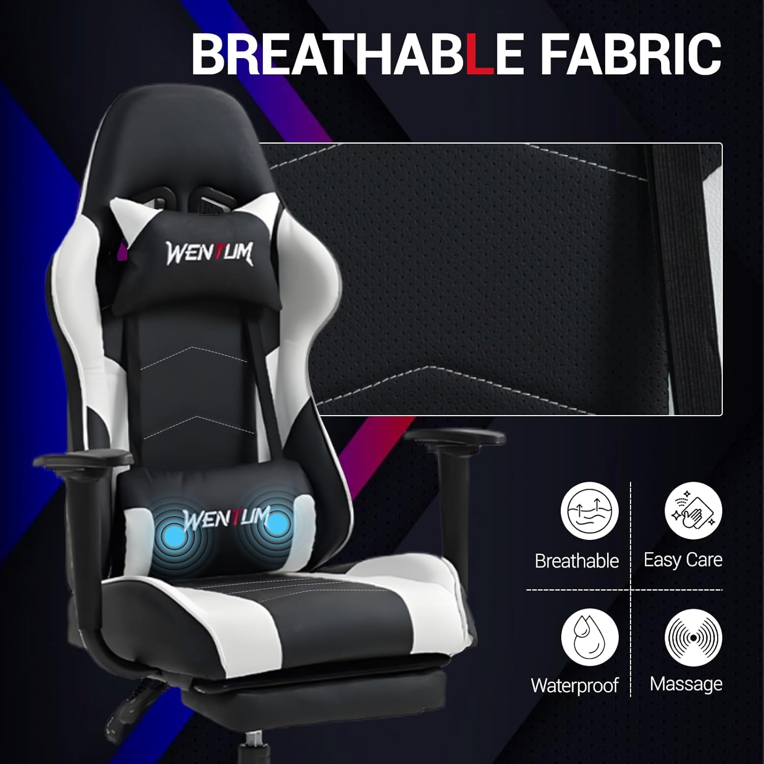 Gaming Chair with Footrest, Video Game Chair with Massage, PU Leather Computer Chair, Lumbar Support for Men Women, Home Office, Height Adjustable, Ergonomic High Back, White