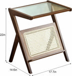 Rattan Nightstand End Side Table Z Shaped with Glass Top & Magazine Rack, Accent Bamboo Bedside Table for Small Space Living Room Bedroom (Walnut)