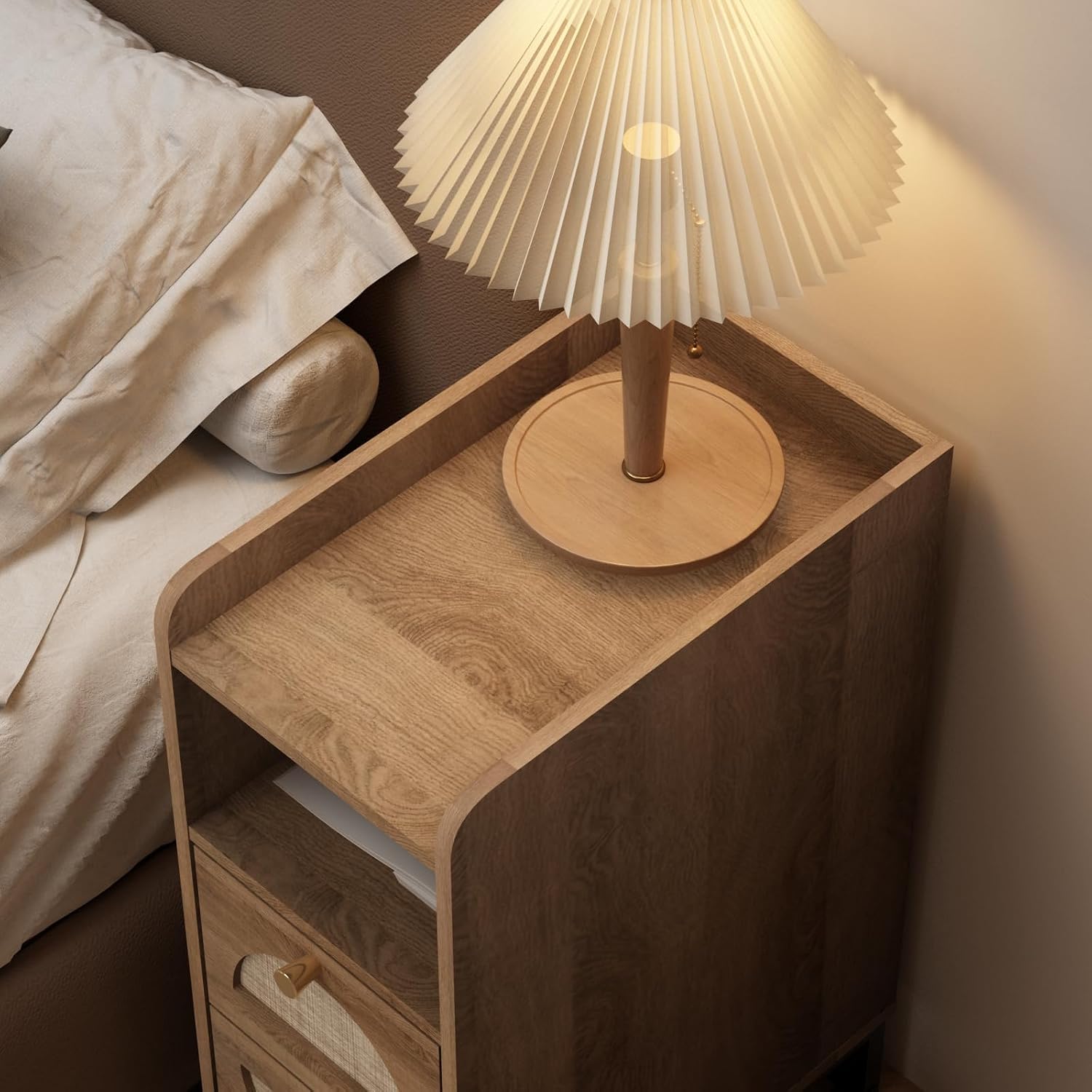 Narrow Nightstand for Small Spaces - 9.3" Slim Side Table with Rattan-Weave Drawers, Skinny Bedside Table with Open Shelf, Rustic Tall Thin Gap Filler for Bedroom, Caramel Oak, Set of 2