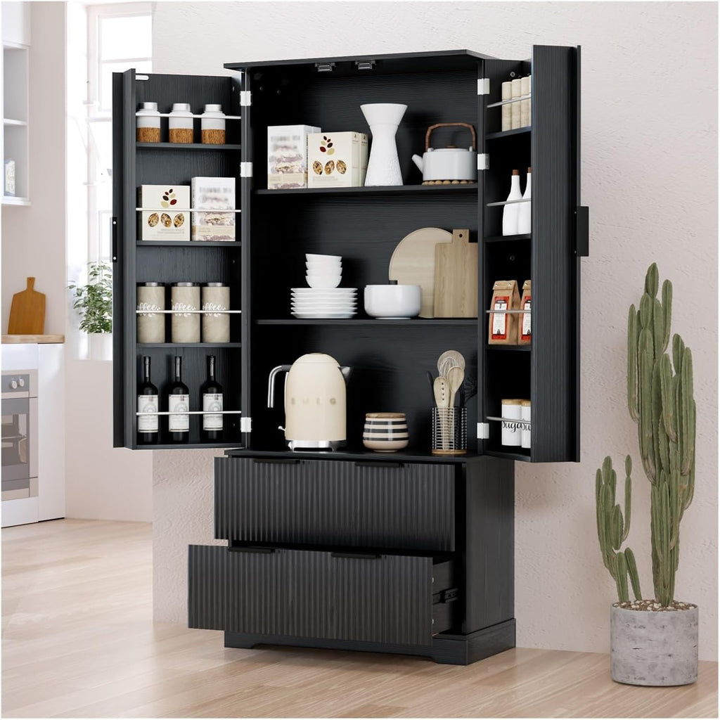 72" Modern Fluted Kitchen Pantry Cabinet with 2 Large Drawers & 8-Door Spice Rack, Freestanding Storage Organizer for Bathroom, Dining Room, Office, Entryway, White/Black,for Kitchen