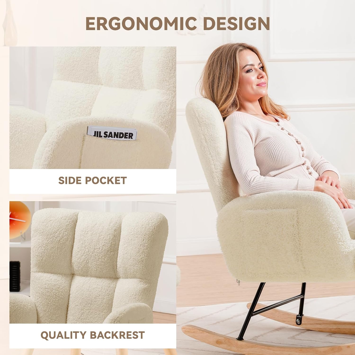 LUCKLIFE Rocking Chair Nursery,Teddy Upholstered Glider with Side Pockets | High Backrest Reading Chair,Modern Accent Chairs for Living Room,Bedroom