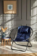 Leather Folding Chair - Luxury Papasan Chair, Sling Accent Chair, Round Saucer Chair for Patio, Garden, Beach, Living Rooms and Bedrooms, Modern Furniture (Faux Leather, Indigo)