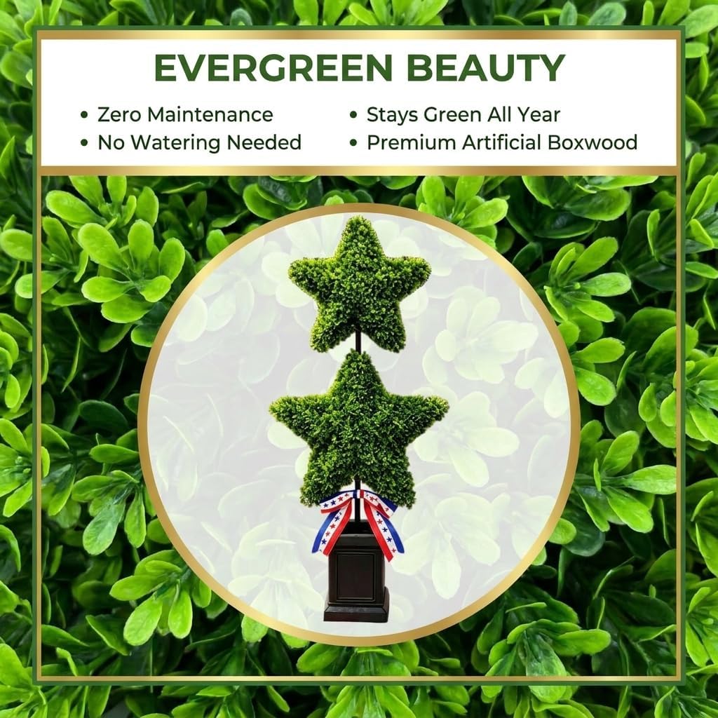 Patriotic Star Topiary Tree, Artificial Boxwood, 4th of July Memorial Day Indoor Outdoor Centerpiece Decor (Large)