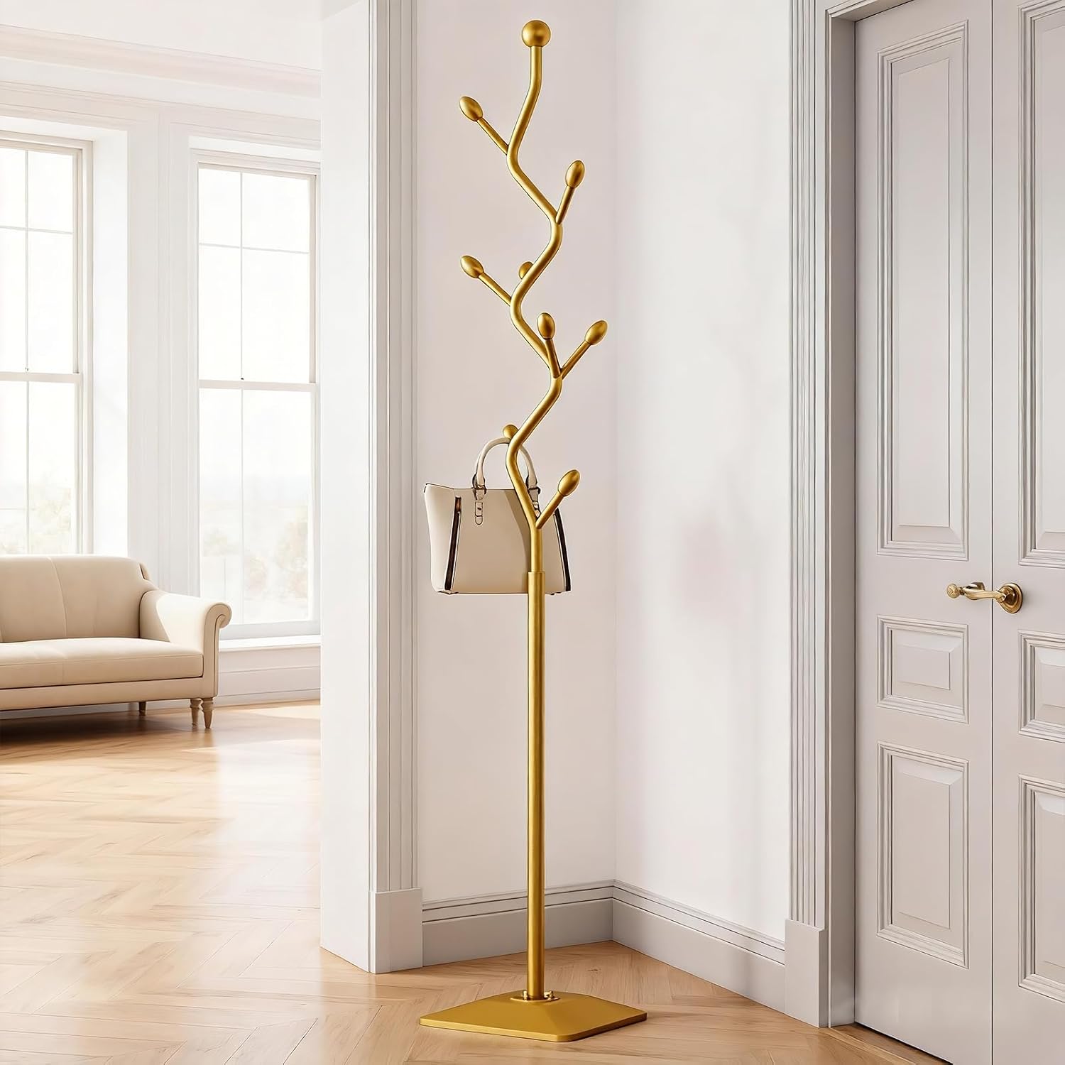 Gold coat rack,Coat Tree Freestanding heavy duty with 8 Hooks and Sturdy Metal Base for Coat Hats Purses,Tree-shaped Coat Stand for Entryway,Bedroom