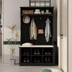 WOODTIME Hall Tree with Bench and Shoe Storage, Multi-Purpose Entryway Bench with Coat Rack, Open Shelf and 4 Double Hooks, Black