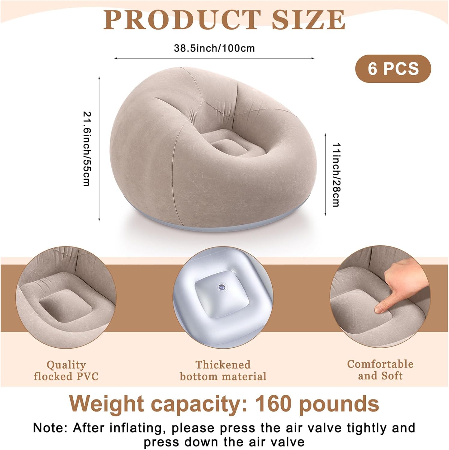Realspring 6 9 12 Pcs Inflatable Bean Bag Chairs for Adults with Electric Air Pump, Blow up Couch Folding Portable Inflatable Couch Lazy Sofa for Outdoor Movie Night Camping(Coffee,6 Pcs)