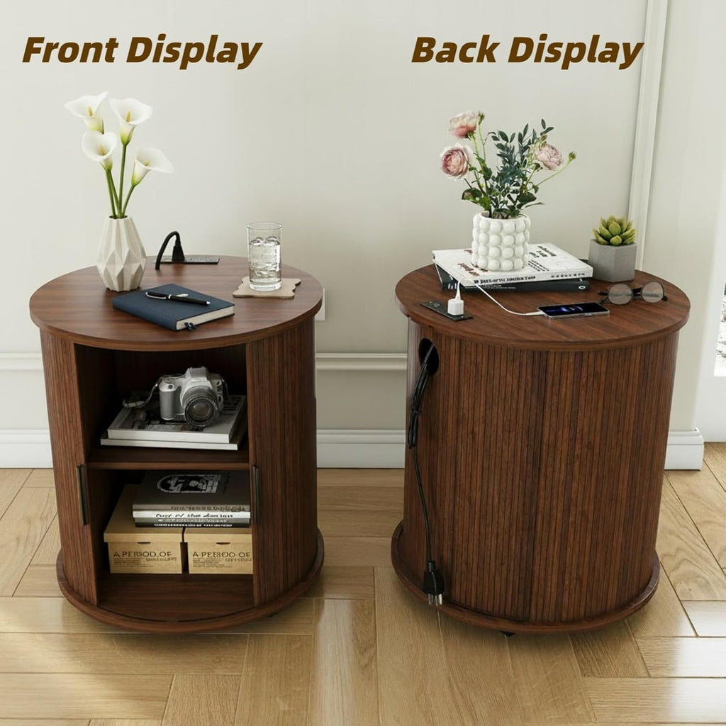 23.62" Mid-Century Mobile Round End Table with Charging Station, Modern Side Table with Slide Door & 2-Tier Storage - Rolling Fluted Nightstand for Living Room Bedroom,Walnut (1)