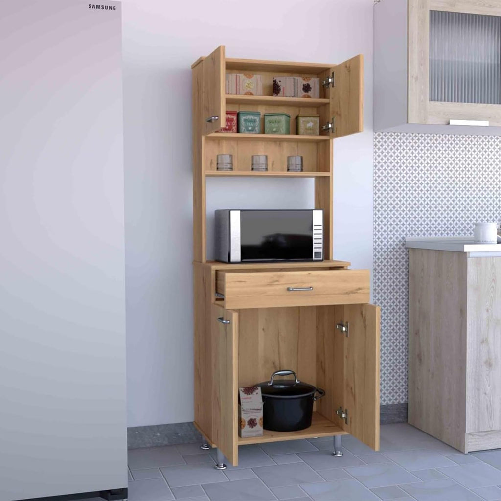 60" Freestanding Kitchen Panty Solid Wood Food Pantries with Storage Shelf & Open Countertop, Tall Buffet Cabinet Kitchenware Server with Microwave Stand & Silver Metal Handles (Beige)