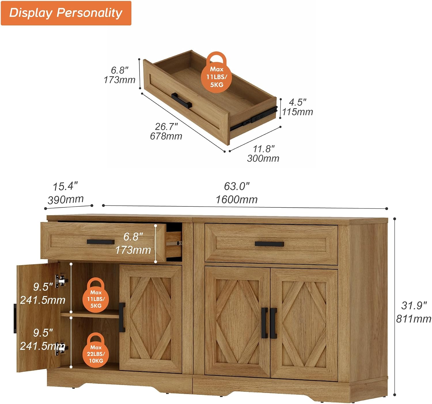 WAMPAT 2-in-1 Vintage Farmhouse Style Buffet Sideboard Cabinet with Storage, 63-inch Rustic Wood Accent Cabinet with Drawers and Barn Doors for Kitchen, Coffee Bar,Walnut