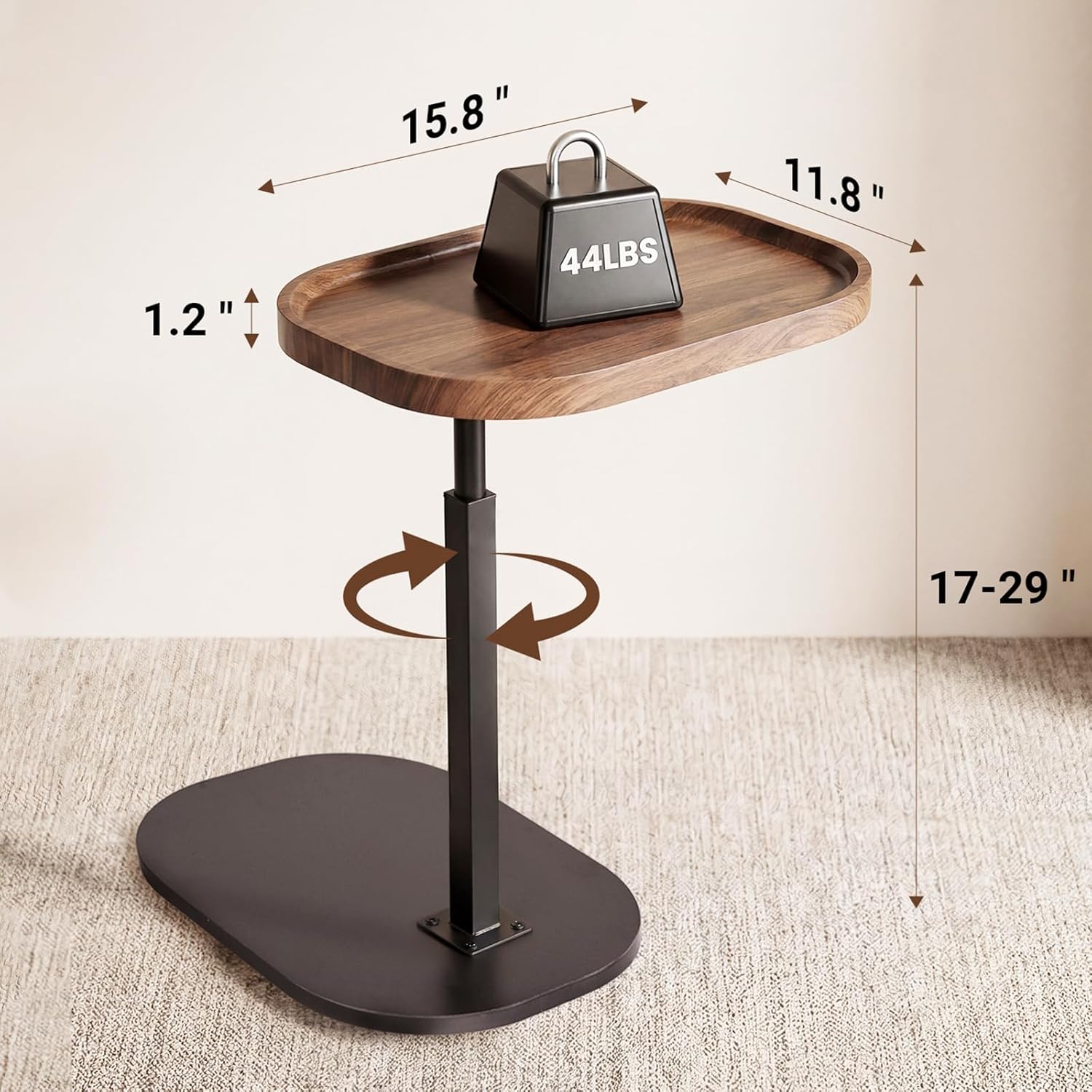 Adjustable Height TV Dinner Tray Table for Eating, 360°Swivel Small C Shaped End Side Table for Living Room, Bedroom,Hospital, Couch Armrest Table that Slide Under Sofa, Bed, Desk