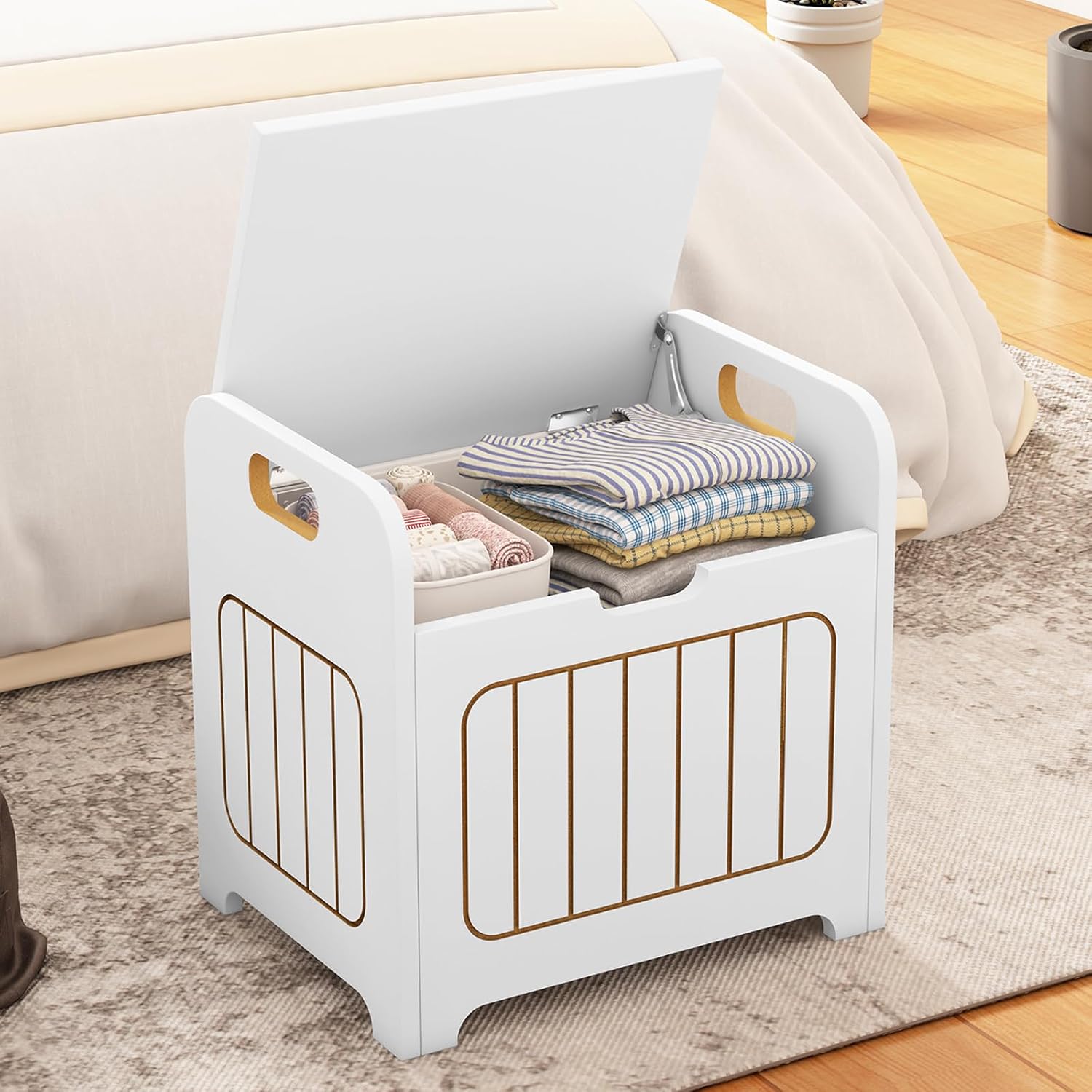 Aenuert White Wooden Storage Chest, Small Cube Storage Box Organizer with Handles, Storage Bin for Books and Clothes, Square Side Table for Entryway, Living Room or Bedroom
