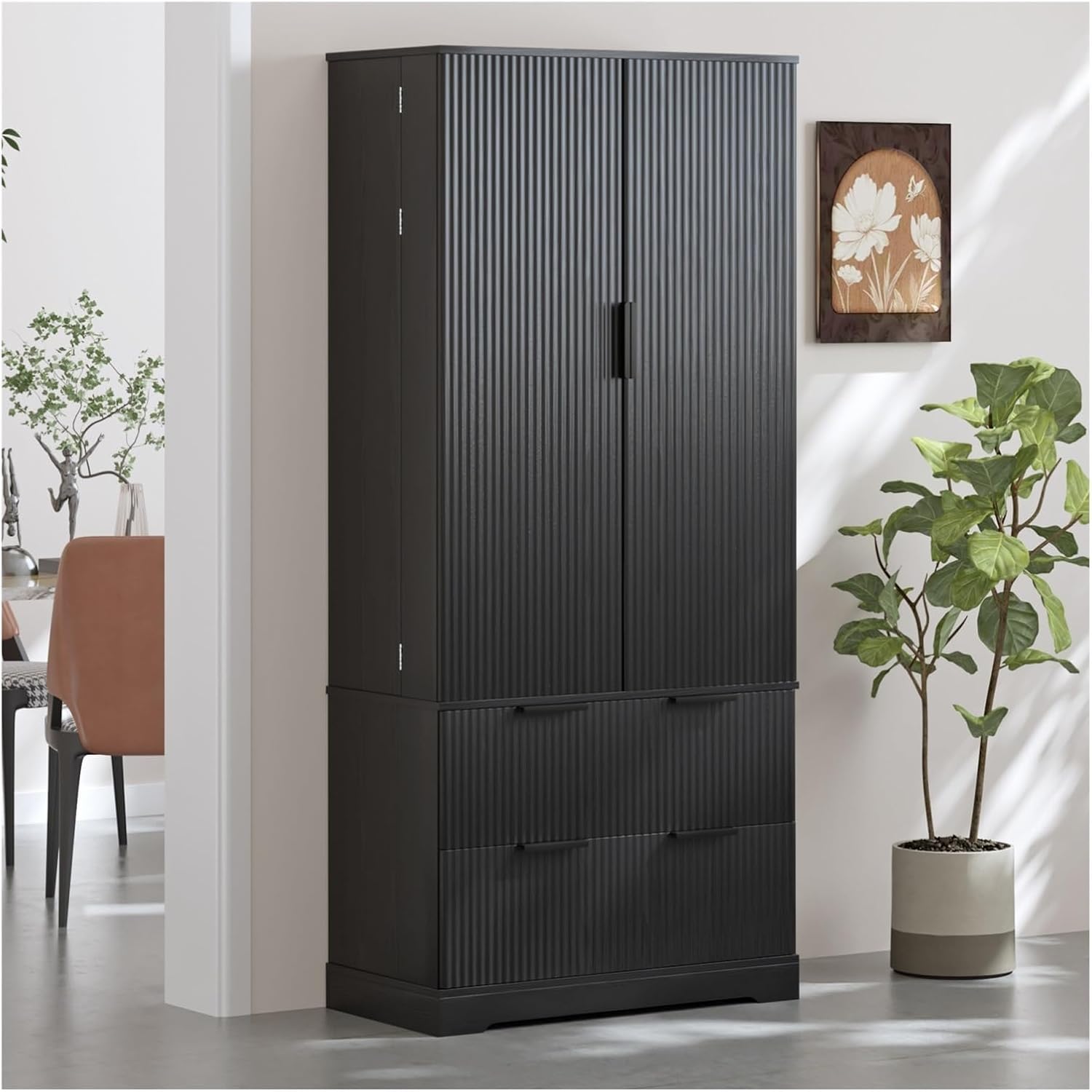 72" Modern Fluted Kitchen Pantry Cabinet with 2 Large Drawers & 8-Door Spice Rack, Freestanding Storage Organizer for Bathroom, Dining Room, Office, Entryway, White/Black,for Kitchen